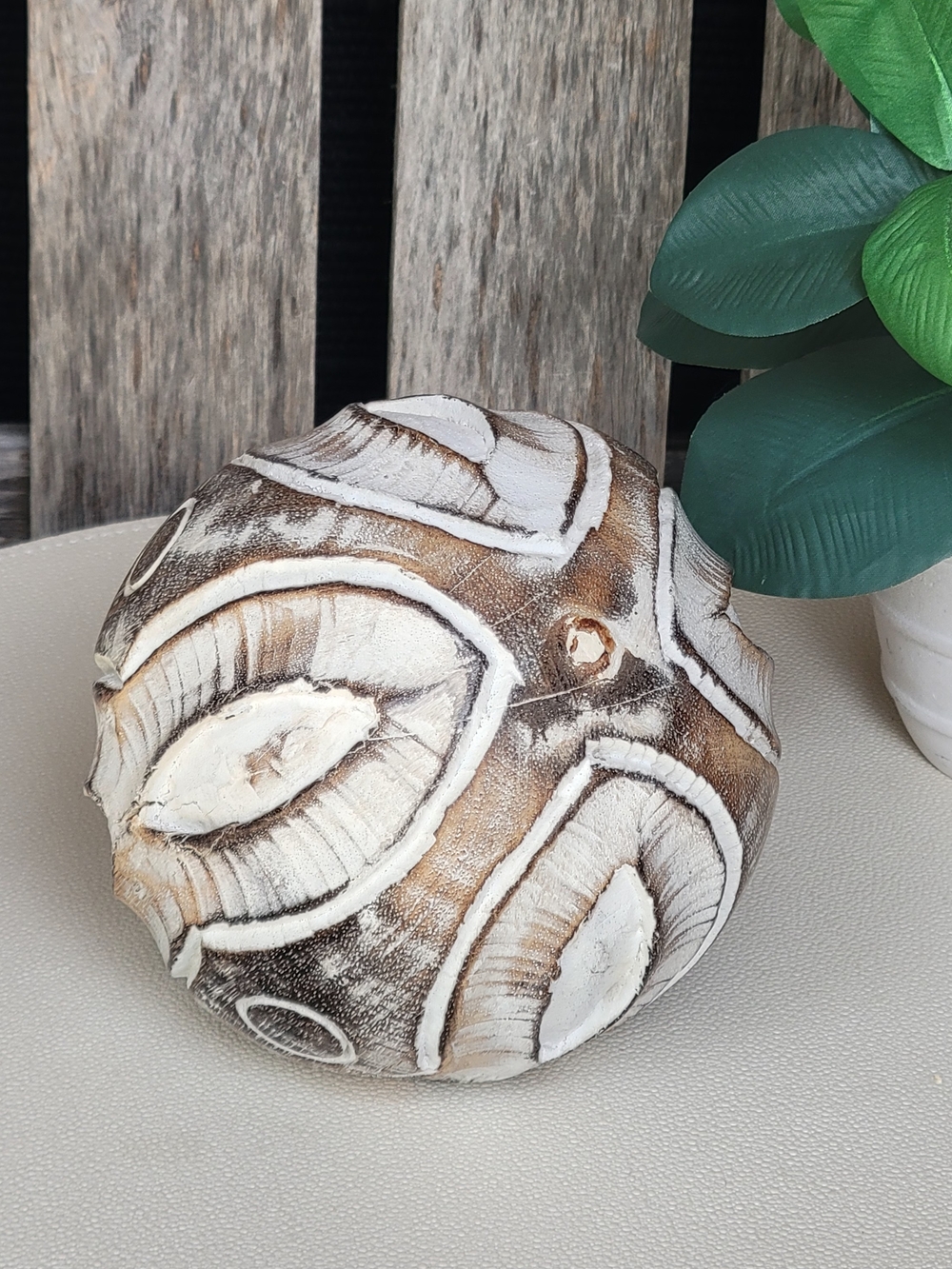 Hand-Carved Decorative Wood Sphere - White and Brown Home Accent - Picture 3 of 4